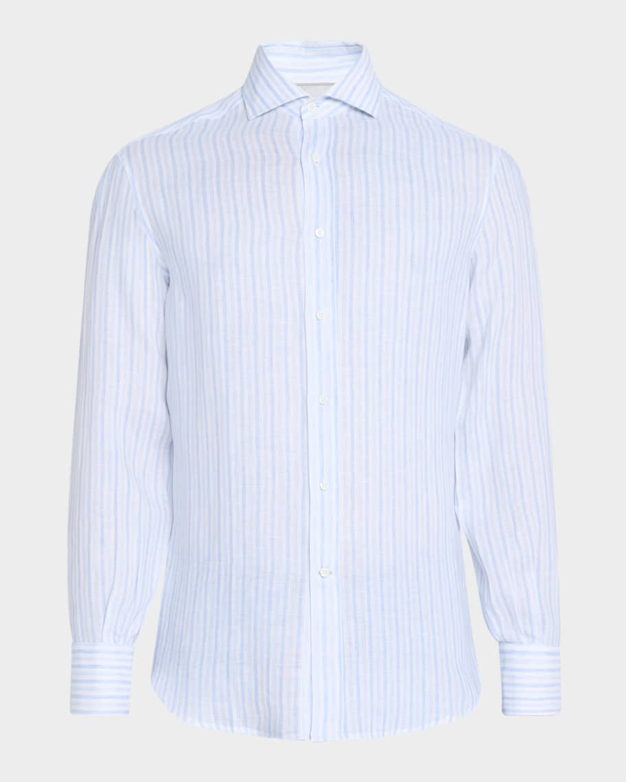 Brunello Cucinelli Men's Linen Multi-Stripe Sport Shirt | Neiman Marcus