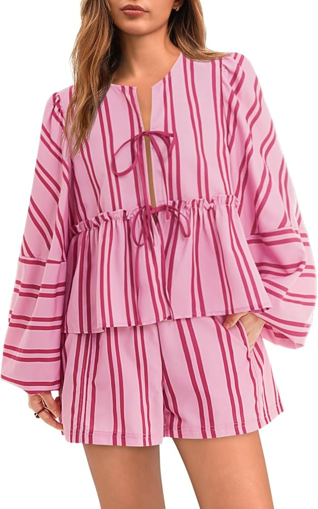 Tankaneo Womens 2 Piece Outfits Tie Front Peplum Tops Shorts Sets Striped Puff Long Sleeve Blouse... | Amazon (US)