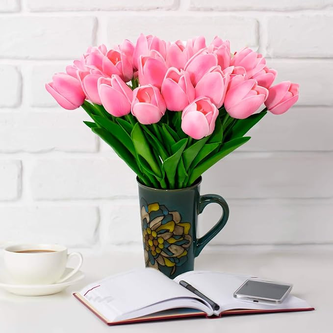 KOILLUXU Artificial Flowers 30pcs Bouquet 14" Tall Real Touch Tulips, Pink PU Fake Tulips Flowers... | Amazon (US)
