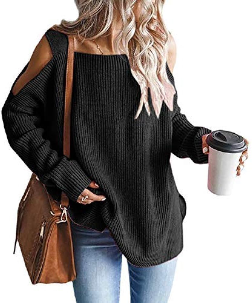 MaQiYa Womens Cold Shoulder Oversized Sweaters Batwing Long Sleeve Chunky Knitted Winter Tunic Tops | Amazon (US)