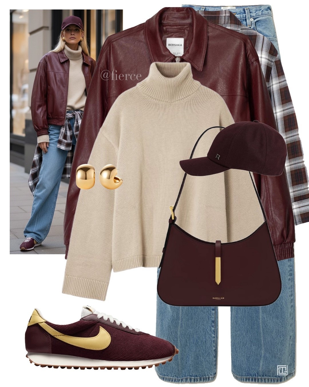 Blue jeans burgundy leather jacket burgundy shoulder bag burgundy nike Cortez beige roll neck jumper burgundy baseball cap casual weekend outfit city break coffee shopping 

#LTKautumn #LTKwinter #LTKuk