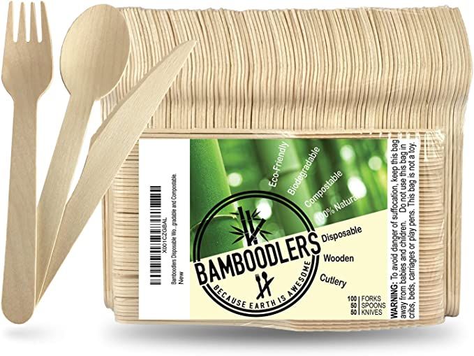 BAMBOODLERS Disposable Wooden Cutlery Set | 100% All-Natural, Eco-Friendly, Biodegradable, and Co... | Amazon (US)