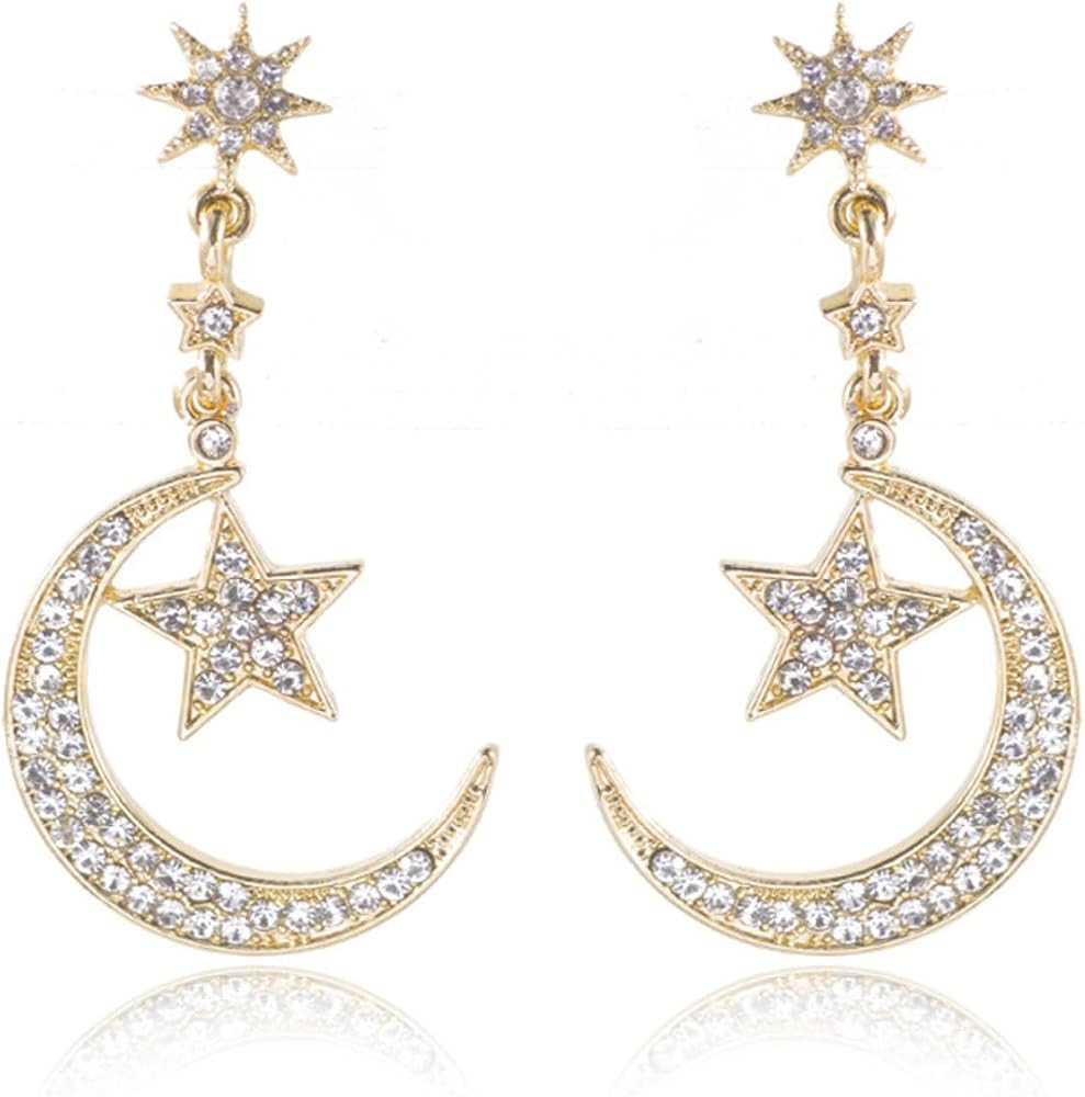 Moon Star Earrings for Women Gold Silver Moon Tassle Earrings Sparkly Crescent Cubic Zirconia Sta... | Amazon (US)