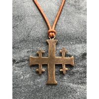 Jerusalem Cross Solid Bronze Or Sterling Silver & Leather Necklace | Etsy (US)