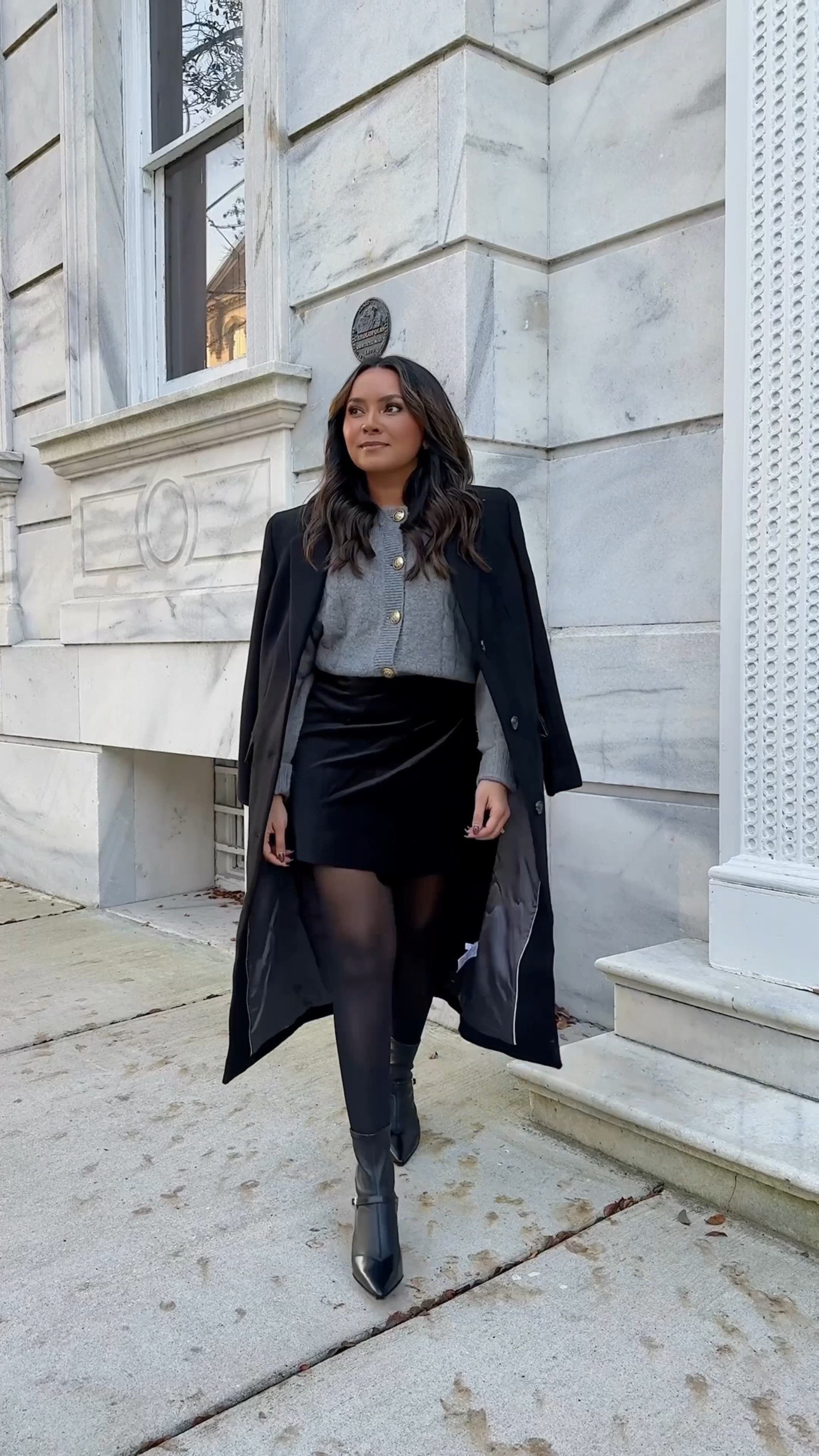 Black coat size 2 petite - sized up a size  
Grey cable knit cardigan size XS TTS - sized up so I can button it 
Black velvet wrap skirt size 2 TTS 
Black booties size 5.5 TTS 


Leopard sweater size XS TTS Black velvet wide leg trousers size 26 petite TTS 
Brown heels size 5 TTS 

Red coat size 0 petite TTS 
White cable knit sweater size XS TTS 
Wide leg denim pants size 26 petite TTS 
Black booties 5.5 TTS 

Grey cable knit cardigan size XS TTS 
White cable knit sweater size XS TTS 
Black sweater pant size small petite TTS - usually size 2/26 in pants 
Black booties size 5.5 TTS 

