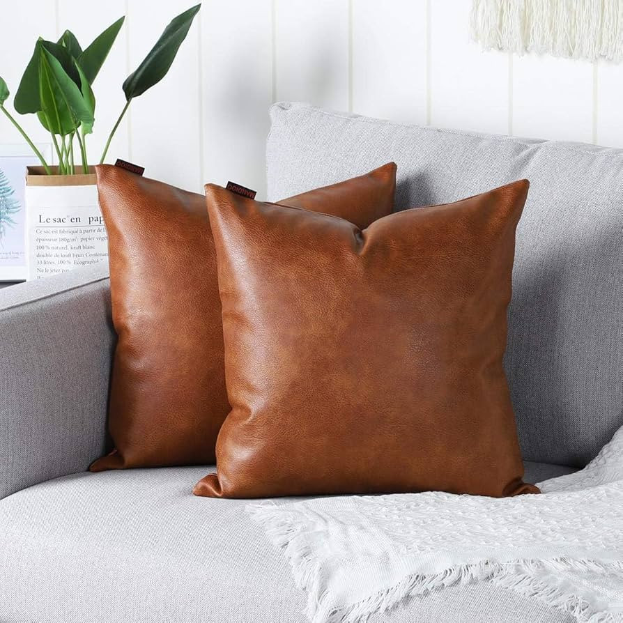 Mandioo Set of 2 Faux Leather Decorative Throw Pillow Covers Modern Solid Outdoor Cushion Cases L... | Amazon (CA)