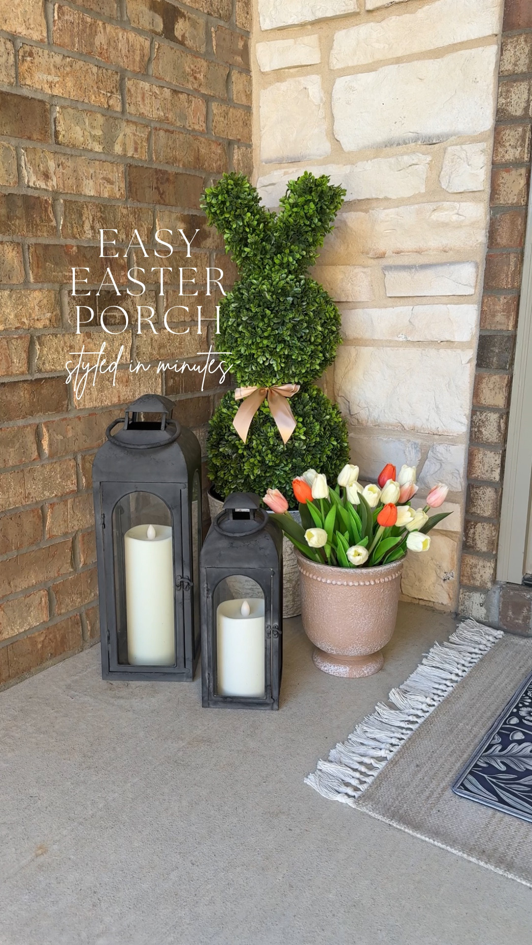 Still need inspo for an Easter front porch? This one is simple and comes together so quickly—better late than never with Easter this Sunday! 

I kept it symmetrical with a few standout pieces that make it feel styled without being overdone—the block print bunny doormat gives that high-end look for less, the bunny topiaries look so real, and these real touch tulips add the prettiest spring detail without any upkeep.

Finished it off with a soft layered rug moment and a simple wreath to tie everything together. Save this for inspo for next Easter 🌸

#LTKHome