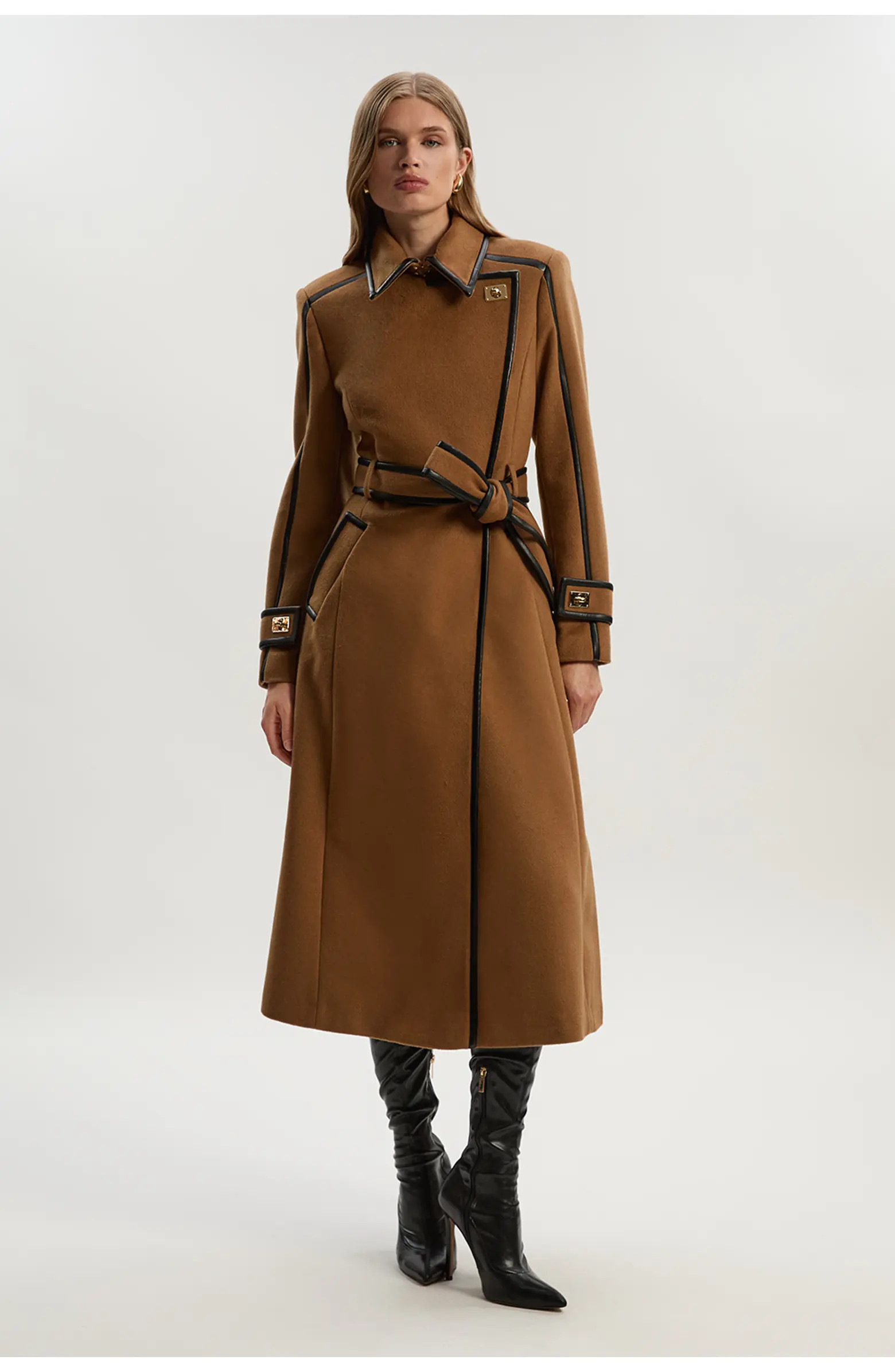 Karen Millen Wool PU Belted Midi Coat | Nordstrom | Nordstrom