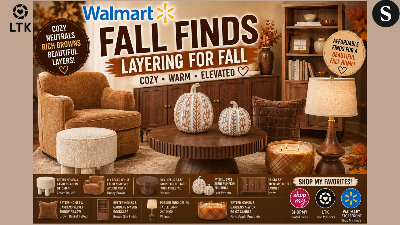 Walmart Fall Finds 2026 🍂 | Layering Warm Browns, Bouclé & Cozy Fall Home Decor

We’re layering for fall! 🍂🤎 This Walmart Fall Finds haul is all about creating a warm, cozy, elevated home by layering rich brown woods, creamy bouclé, soft velvet, warm lighting, and seasonal accents.
This collection is giving quiet luxury meets cozy fall, with furniture and décor pieces that can transition beautifully beyond the season. I’m featuring the Better Homes & Gardens Adlin Ottoman, My Texas House Lauren Swivel Chair, a gorgeous walnut pedestal coffee table, fall pumpkin accents, the BH&G Mason Bookcase, warm lighting, and more.
🍁 Featured Walmart Fall Finds
Better Homes & Gardens Adlin Ottoman – Cream Bouclé My Texas House Lauren Swivel Accent Chair – Honey Brown Kevinplus 31.5" Round Walnut Pedestal Coffee Table Ayieyill Resin Pumpkin Figurines – Set of 2 CBJCBJ Mid-Century 58" Brown Sideboard Buffet Cabinet Better Homes & Gardens Brown Basket Tufted Velvet Pillow Better Homes & Gardens Mason Bookcase – Brown Oak Possini Euro Design Walnut Faux Wood Table Lamp Better Homes & Gardens 4-Wick Farm Apple Pumpkin Candle
The secret to getting that designer fall look isn't filling the room with pumpkins—it's layering texture, warm wood tones, soft fabrics, lighting, and just enough seasonal décor. 🤎🍂
Some links may be affiliate links, which means I may earn a commission from qualifying purchases at no additional cost to you.




🛍️Walmart Storefront:





🛍️ShopMy:
https://shopmy.us/shop/collections/7305729




🛍️LTK:





              




Walmart fall finds 2026, Walmart Fall Finds, Walmart home decor, Walmart fall decor, fall home decor 2026, Walmart home finds, Better Homes and Gardens Walmart, cozy fall home decor, fall decorating ideas, fall decor layering, brown home decor, neutral fall decor, affordable fall decor, Walmart furniture finds, My Te 

 #WalmartFallFinds #WalmartFinds #FallDecor #FallHomeDecor #WalmartHome #BetterHomesAndGardens #CozyHome #CozyFallDecor #FallDecorating #HomeDecorFinds #AffordableHomeDecor #BrownHomeDecor #NeutralHomeDecor #FallHome2026 #Over50AndChic #LTKSeasonal #LTKOver40 #LTKHome