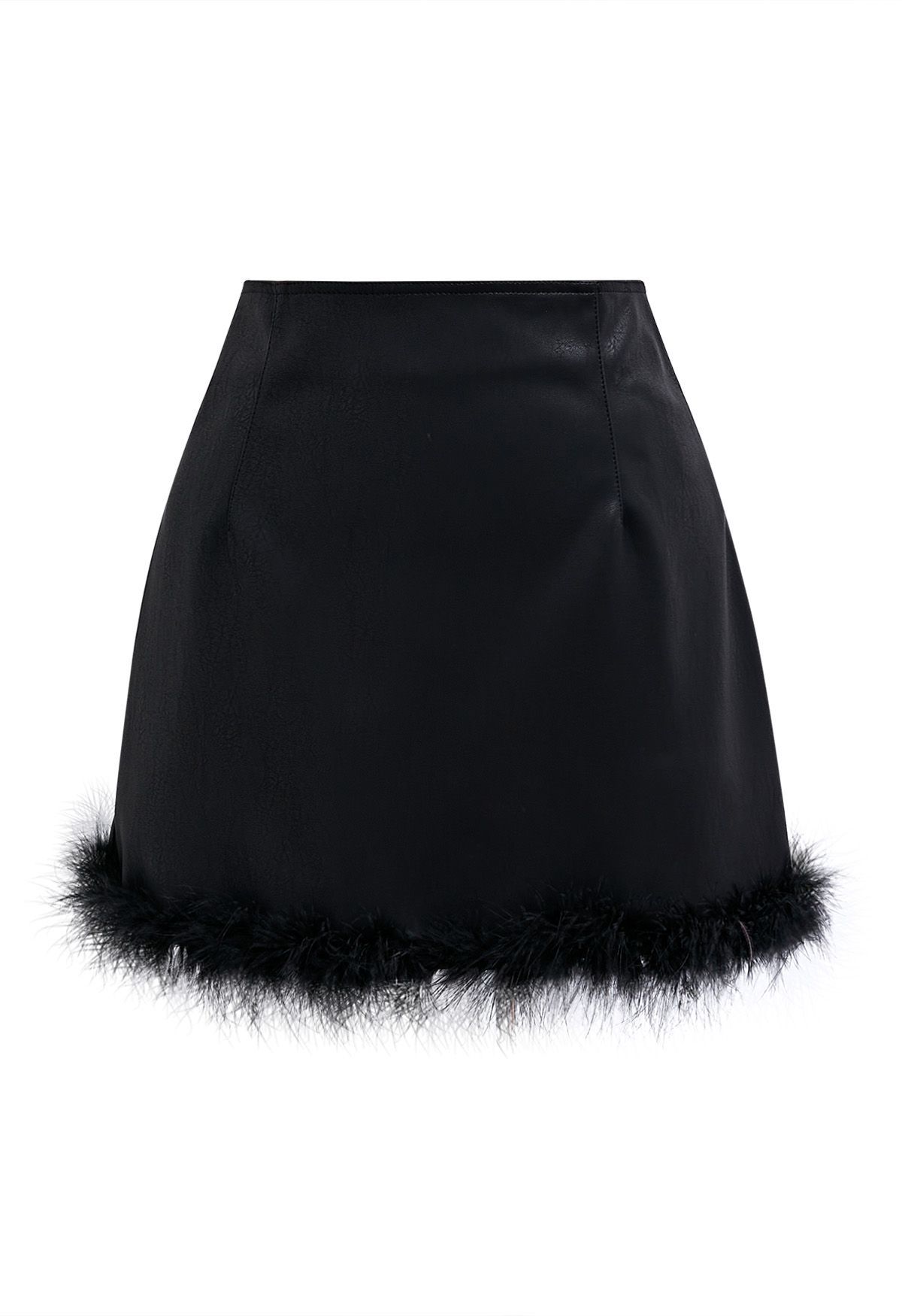 Feather Hem Faux Leather Mini Skirt in Black | Chicwish