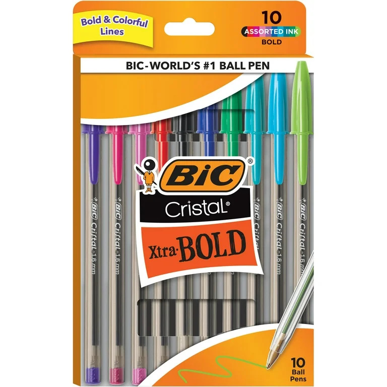 BIC Cristal Xtra Bold Ballpoint Stick Pens, Bold Point, 1.6 mm, Assorted Ink Colors, Pack of 10 | Walmart (US)