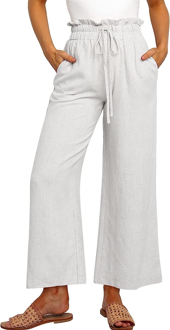 ANRABESS Women's Linen Pants Casual Loose High Waist Drawstring Wide Leg Capri Pants Trousers with P | Amazon (US)