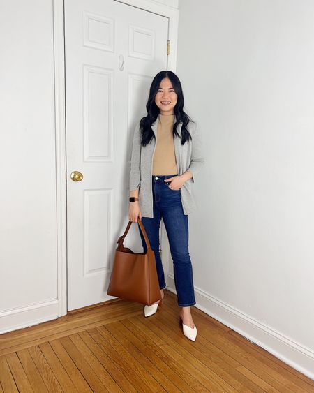 Gray sweater blazer 
Camel sweater (XS)
High waisted boot cut jeans (4P)
Brown bag
White pumps (1/2 size up)
Smart casual outfit
Neutral outfit
Work outfit
Teacher outfit

#LTKworkwear #LTKstyletip #LTKfindsunder100