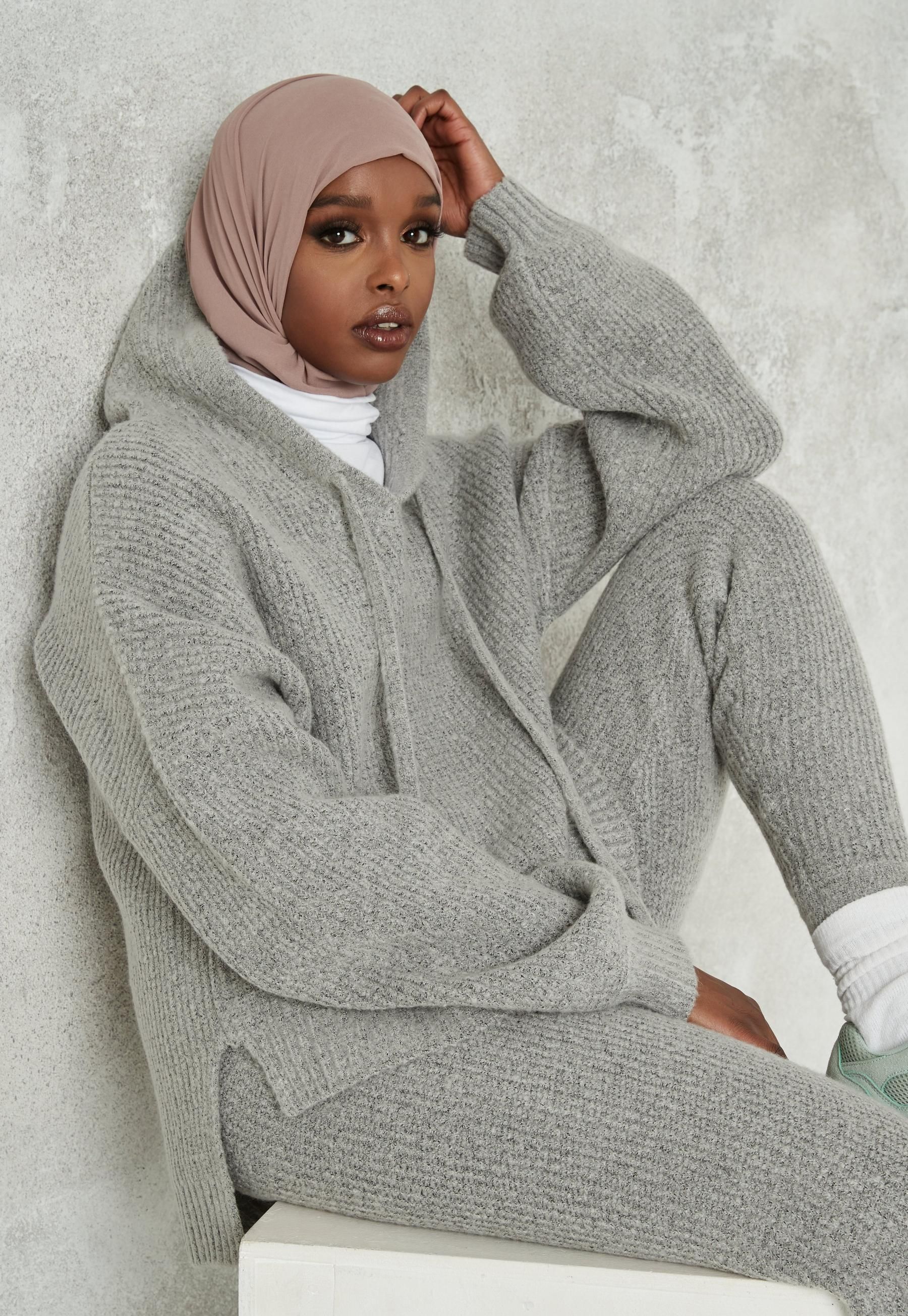 Premium Gray Co Ord Oversized Hooded Knit Sweater | Missguided (US & CA)