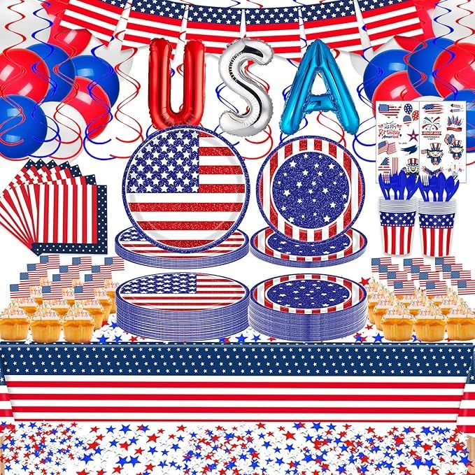 DawnHope 4th of July Decorations - Patriotic Party Supplies 244Pcs Paper Plates and Napkins with ... | Amazon (US)