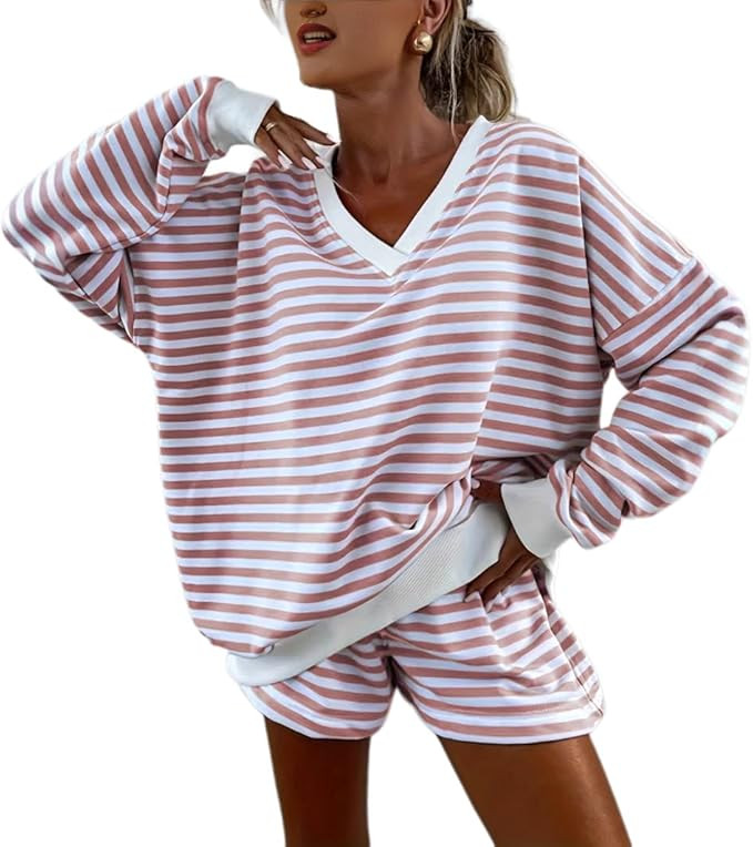 Melliflo Women 2 Piece Outfits Lounge Sets Striped Print Long Sleeve V Neck Sweatshirt and Shorts... | Amazon (US)