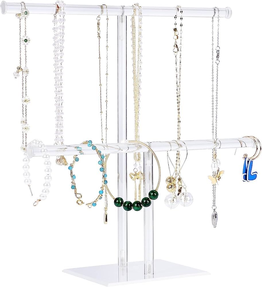 Acrylic Jewelry Display Holder, Necklace and Bracelet Hanging Organizer, Clear 2-Tier Tower Stand... | Amazon (US)