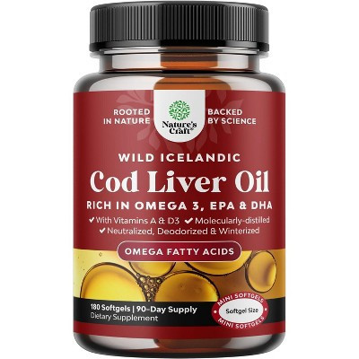 Cod Liver Oil Softgels, Fish Oil Supplement with Vitamin D3 & A for Heart Joint Brain and Immune Support, Nature's Craft, 180ct | Target