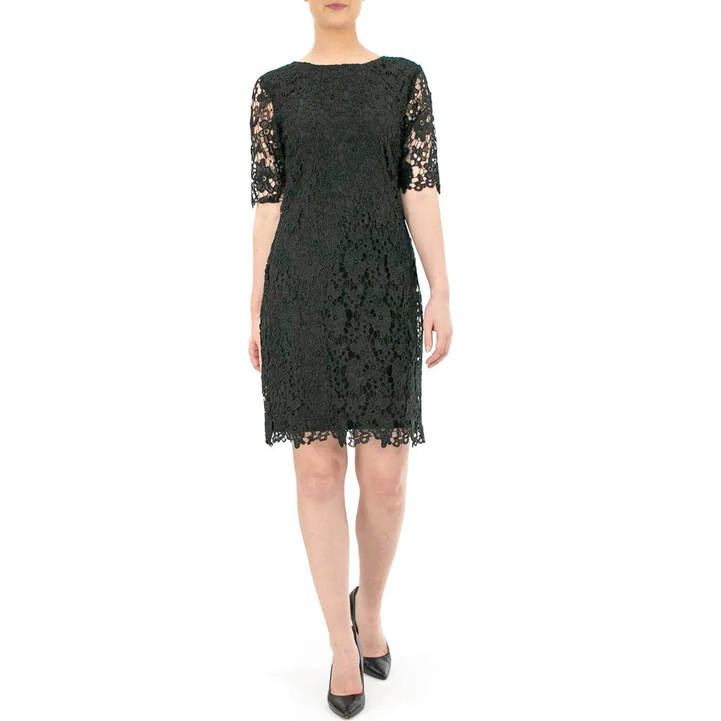 Nina Leonard Jewel Neck Lace Dress in Black at Nordstrom Rack, Size X-Large | Nordstrom Rack