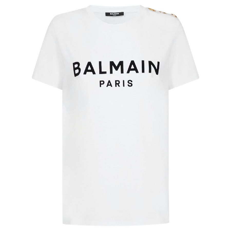 Balmain Logo Print Button Embellished T Shirt, Size Medium | Jomashop.com & JomaDeals.com