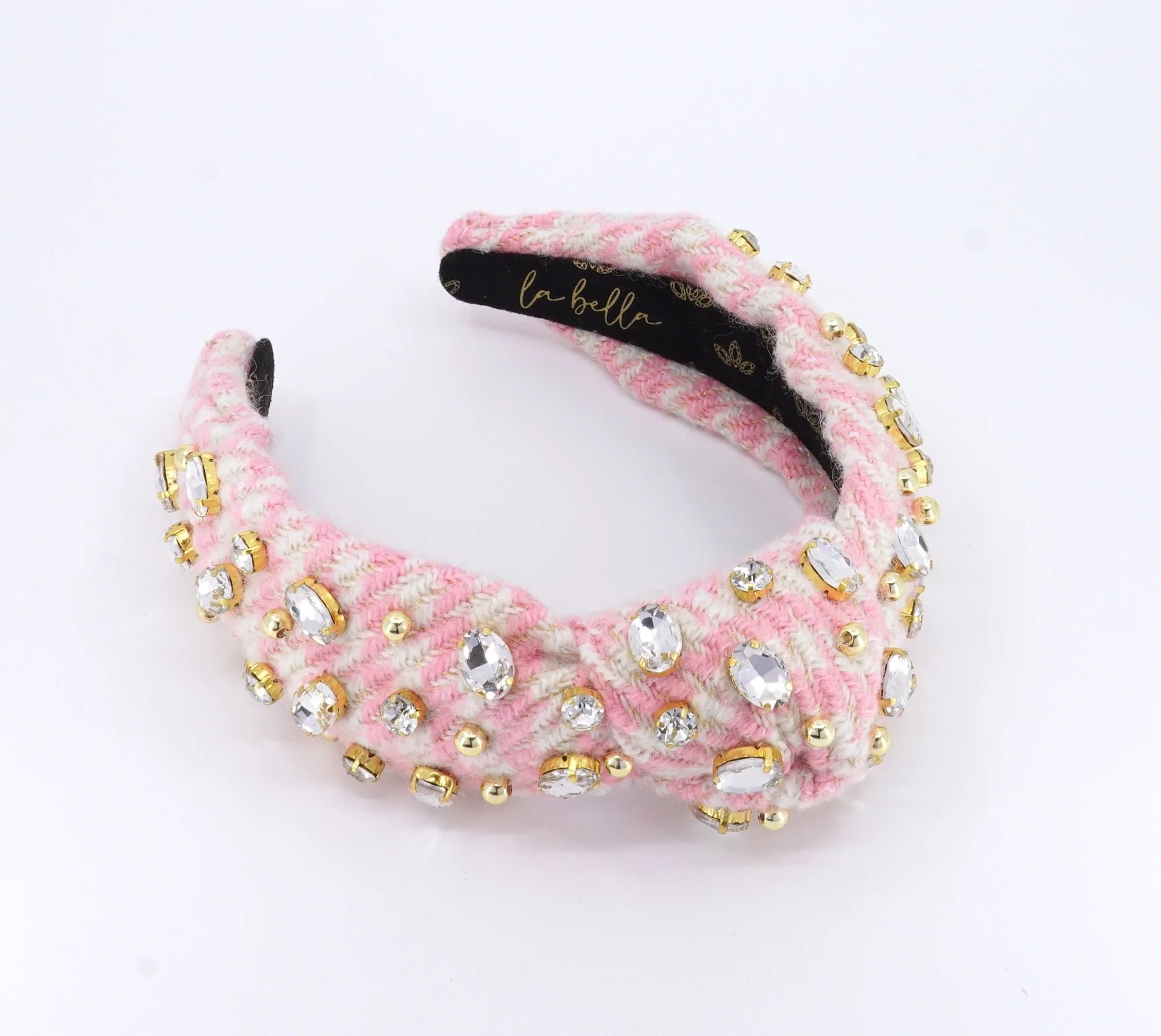 Marshmallow Pink Houndstooth Tweed Jeweled Headband | La Bella Shop