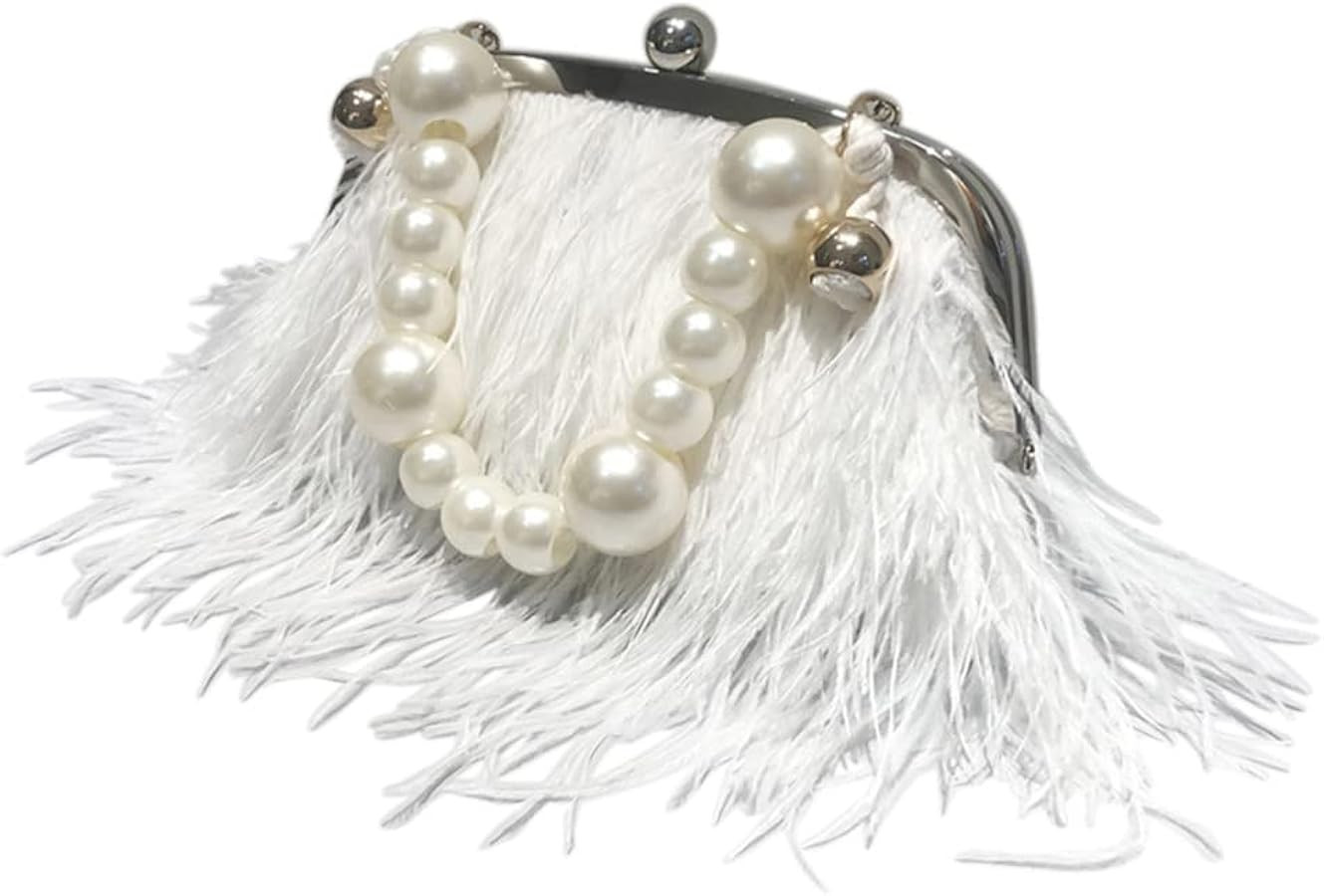 Vintage Fluffy Ostrich Feather Evening bags and Clutches for Women Pearl Chain Tote bags Bridal P... | Amazon (US)