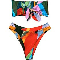 SheIn Women's Graphic Swimsuit Tie Front Bandeau and High Waist Panty Bikini Set Bathing Suit | Amazon (US)