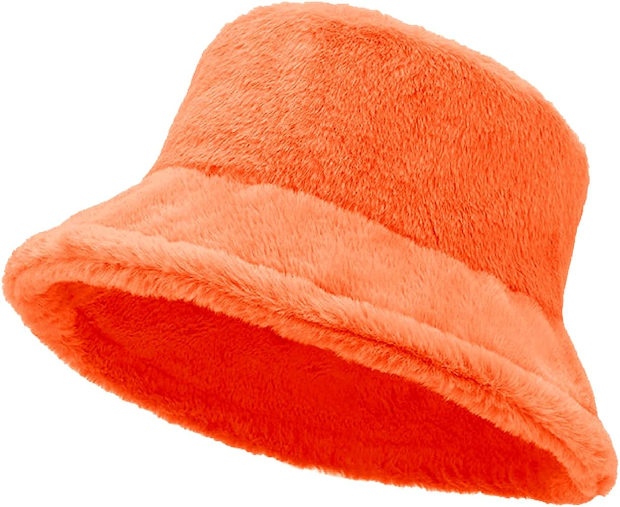 Women Plush Fluffy Bucket Hat Warm Lining Winter Faux Fur Cozy Wide Brim Winter | Amazon (US)