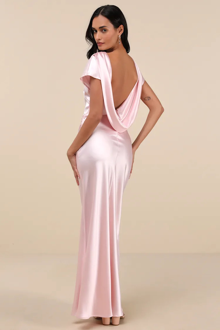 Captivating Presence Blush Pink Satin Cowl Back Maxi Dress | Lulus