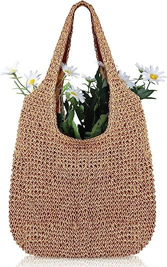Women Straw Beach Bag Bucket Tote Summer Woven Handmade Handbag Shoulder Bag (Stylish Style,15.75... | Amazon (US)
