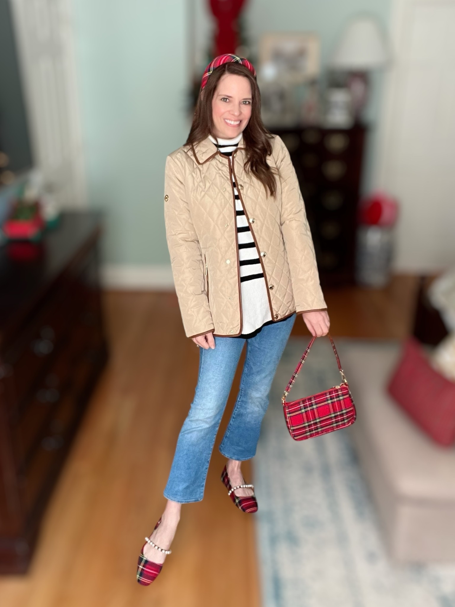 Holiday Tartan & Quilted Jacket Outfit

Cozy, classic, and perfectly festive! 🎄❤️ I paired this lightweight diamond-quilted jacket with a striped mock-neck sweater for that effortless preppy winter vibe. My Mother Denim jeans give the cutest cropped flare shape, and I brought in all the holiday charm with matching tartan flats, a plaid mini shoulder bag, and a padded Christmas headband. Such an easy everyday outfit for errands, school pickup, holiday shopping, or a casual Christmas get-together!

The exact pieces linked below include the quilted jacket, striped Amazon sweater, my Mother Denim cropped jeans, the tartan purse, the pearl-trim tartan flats, and the Christmas headband. Everything is super mix-and-match friendly and perfect for December styling. 🎁✨

holiday outfit • winter fashion • Christmas outfit idea • tartan accessories • Amazon fashion finds • preppy holiday style • quilted jacket outfit • casual Christmas look • classic winter wardrobe • Mother Denim jeans • tartan bag • plaid flats • Christmas headband • cozy December outfit • giftable fashion • seasonal style ideas

#LTKPetite #LTKHoliday #LTKootd