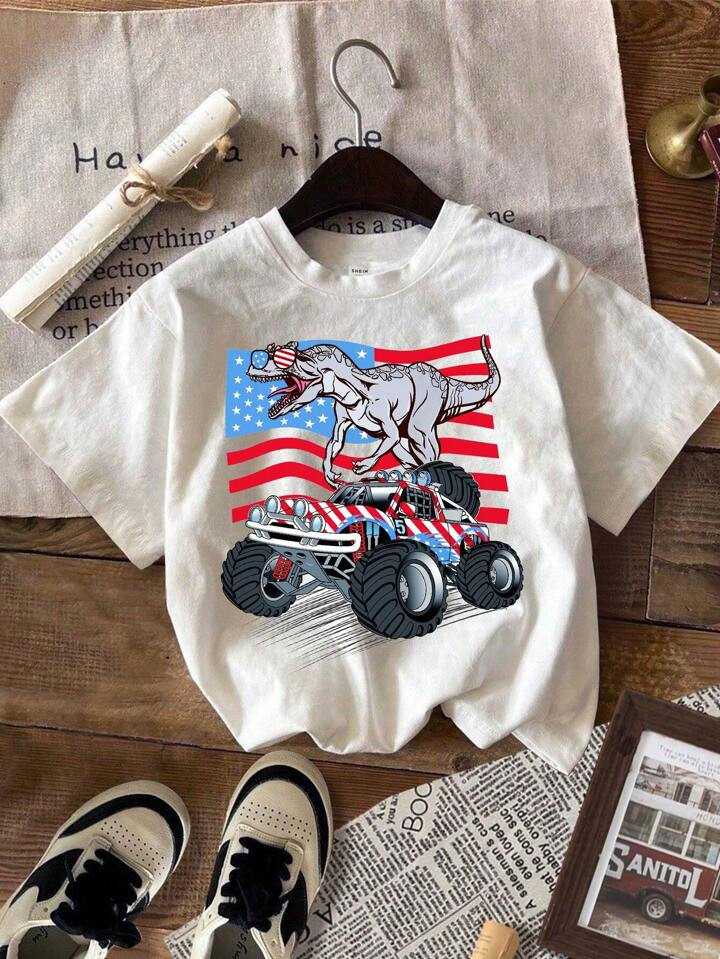 Young Boy 4th Of July Casual Vintage Cute Dinosaur & Truck & USA Flag Printed Short Sleeve T-Shir... | SHEIN