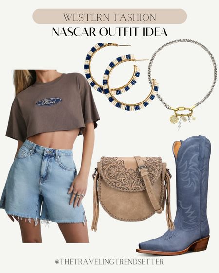 Western fashion nascar outfit idea - cowgirl boots - denim shorts - summer outfit - earrings - necklace - crop top tee - festival fashion 

#LTKstyletip #LTKFestival #LTKfindsunder50