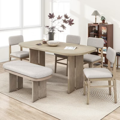 6 Piece Dining Table Set Dining Set Kitchen Table Set with Upholstered Chairs and Bench, Farmhouse Rustic Style, Natural-ModernLuxe | Target