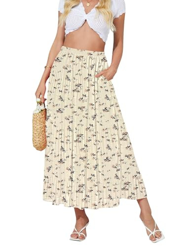 NASHALYLY Women's High Waisted Maxi Skirt,Elastic Chiffon Boho Long Skirt with Pockets(Beige Floral,L) | Amazon (US)