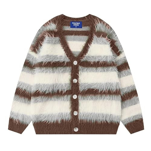 Aelfric Eden Color Blocking Striped Fuzzy Cardigan Crewneck Vintage Oversized Button Down Knit Cardigans Sweater Tops Brown Large | Amazon (US)