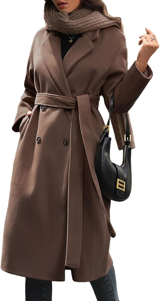 WOWULOVELY Women's Winter Double Breasted Wool Coat Long Sleeve Notched Collar Trench Long Oversi... | Amazon (US)