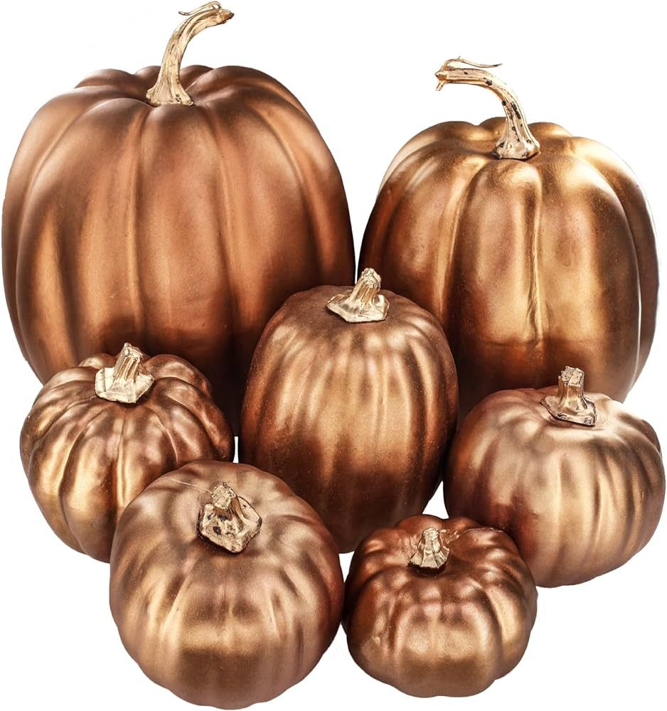 Winlyn 7 Pcs Assorted Sizes Artificial Metallic Bronze Pumpkins Rustic Decorative Fall Pumpkins F... | Amazon (US)