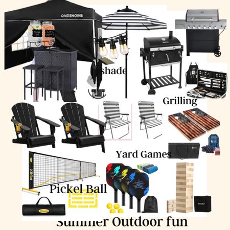 Summer outdoor fun

Yard games and outdoor grilling

BBQ
Smoker

Easy up
Stripped yard umbrella 
Stripe Folding chairs

Yard chairs
Solar Outdoor lighting
Pickle ball net 
Pickle ball set 
Outdoor Jenga 
Cornhole 
Yard bar with two chairs 

Two drink oldest and stand

#yardgames #pickleball #yardchairs #bbq #smoker 

#LTKhome #LTKSeasonal