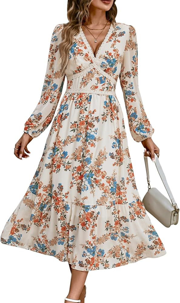 Women's V Neck Long Sleeve Wrap Maxi Dress A Line Empire Waist Fall Wedding Guest Party Casual Ch... | Amazon (US)