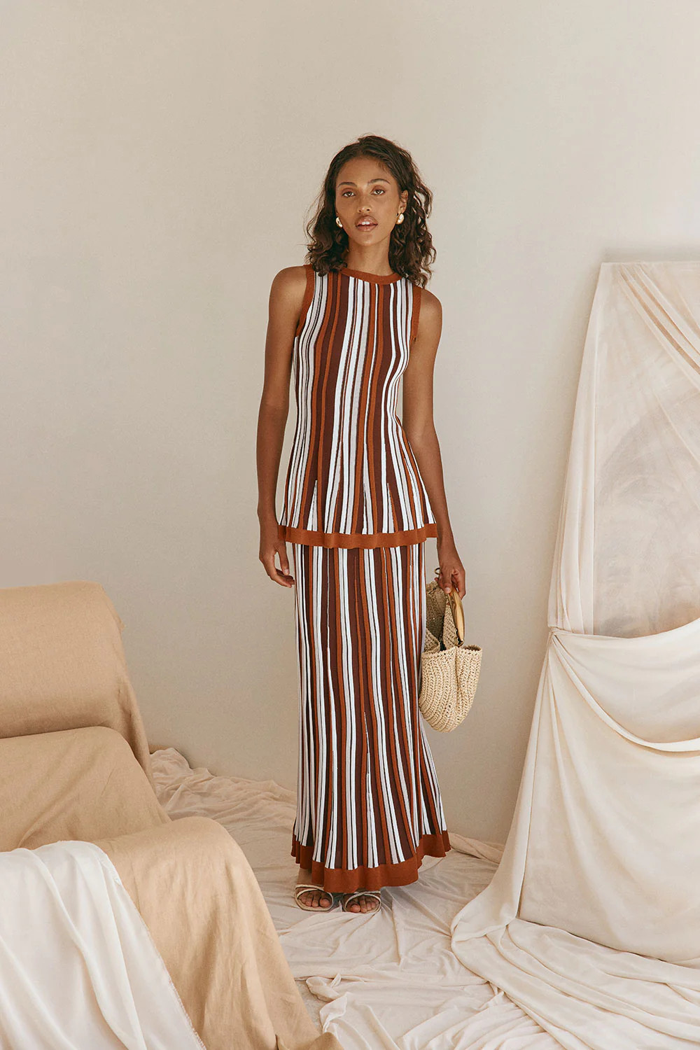 Brown Stripe Pleat A Line Zodiac Top | Sabo Skirt US