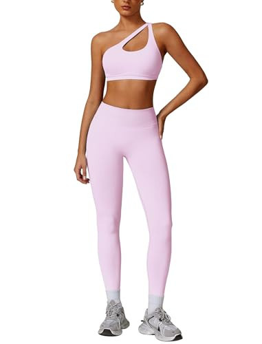 ABOCIW Workout Sets for Women 2 Piece Seamless High Waist Scrunch Butt Lifting Leggings Cutout One Shoulder Sports Bra Gym Sets Yoga Outfits Light Pink Small | Amazon (US)