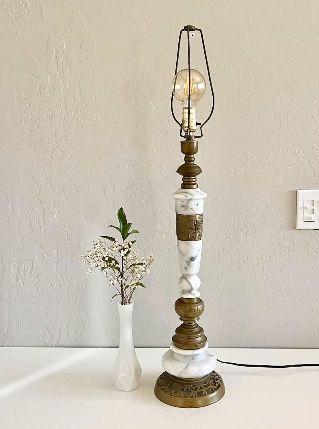 Vintage tall white marble and brass lamp | Etsy (US)