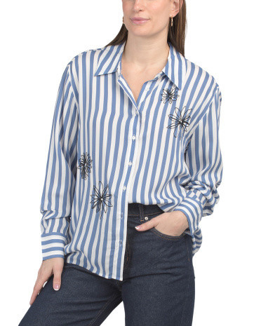 Embroidered Striped Button Down Shirt for Women | Rayon | Marshalls