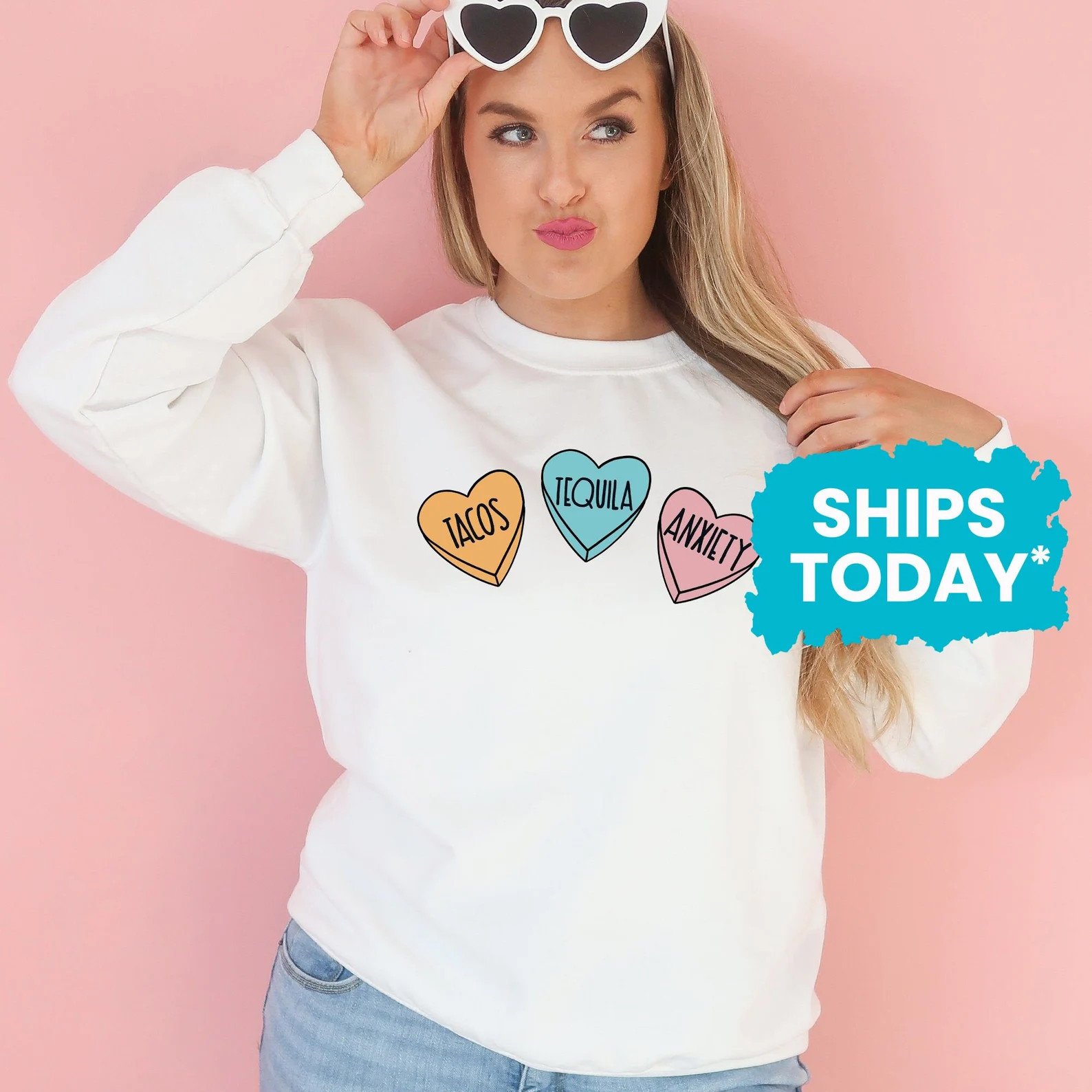 Tacos Tequila Anxiety Sweatshirt, Funny Conversation Hearts, Valentines Day Sweater - Etsy | Etsy (US)