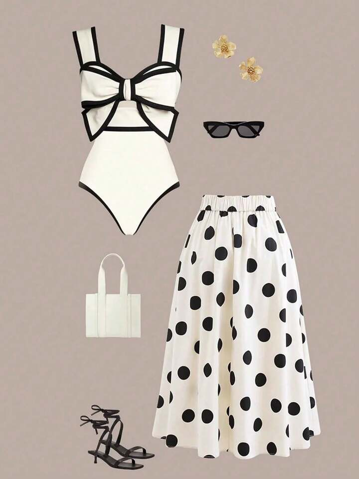 SHEIN MOD Women's Bow Decorated Cami Bodysuit And Polka Dot Skirt Set | SHEIN