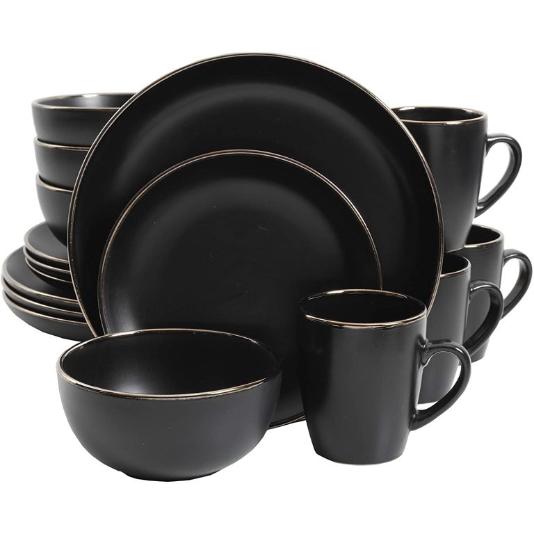 Gibson Home Rockaway Round Stoneware Dinnerware Set, Service for 4 (16pcs), Black/Gold Rim | Walmart (US)