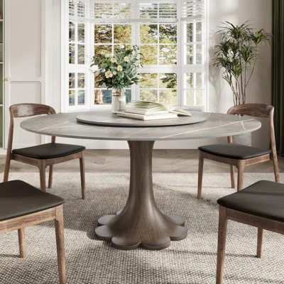 Gray Sintered Stone Round Dining Table With Lazy Susan, Solid Wood Pedestal 4-8 Seats | Wayfair North America