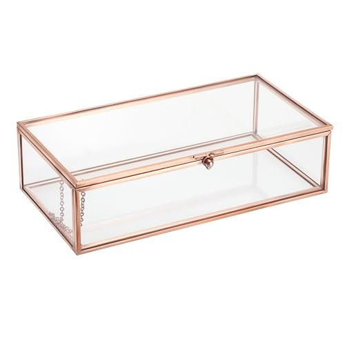 Hipiwe Glass Keepsakes Display Box Jewelry Organizer Box with Lid Decorative Glass Box Clear Rectangle Storage Box for Trinket Perfume Collection Gift for Birthday Anniversaries,Rose Gold Large | Amazon (US)