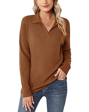 Romanstii Women's Knitted Collared Sweaters Long Sleeve V-Neck Polo Shirts Winter Pullover Tops | Amazon (US)